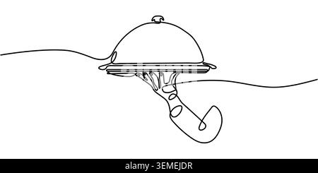 Minimalist Continuous Line Drawing of Hand Holding Food Serving Cloche Stock Vector
