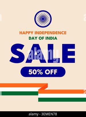 India Independence Day sale poster with Ashoka Chakra symbol, tricolor ribbon and bold discount typography in minimal flat style. Patriotic 15th August holiday promotion template. Vector illustration Stock Vector