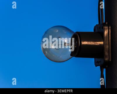Close-up of a classic vintage incandescent glass light bulb mounted on a pole, showcasing detailed internal tungsten filaments against a vibrant and s Stock Photo