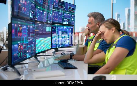 Engineers Monitor Refinery Screens, Feeling Tired While Managing Complex Plant Operations. Stock Photo