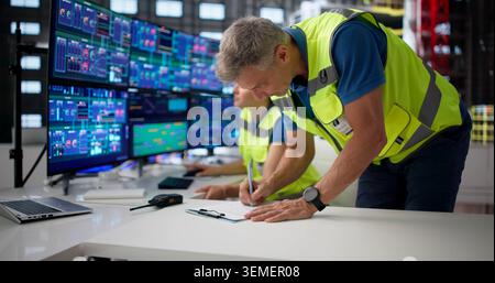 Two Engineers Discuss Shift Handover While Monitoring Rocket Data On Computers. Stock Photo