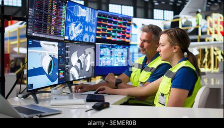 Engineer Uses Computer Screen To Check Aircraft Parts During Maintenance. Stock Photo