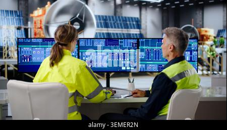 Two Engineers Monitor Satellite Factory Systems Using SCADA Software Together. Stock Photo