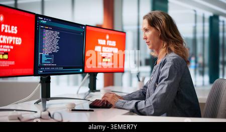 Woman Cybersecurity Analyst Monitors Multiple Screens During Ransomware Attack Response. Stock Photo