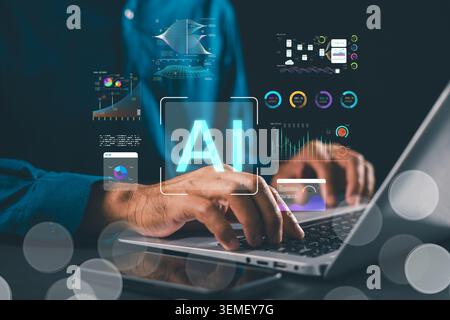 Laptop ai data visualization, intelligence development, neural machine learning, data processing shown while developer types on keyboard, interacting Stock Photo