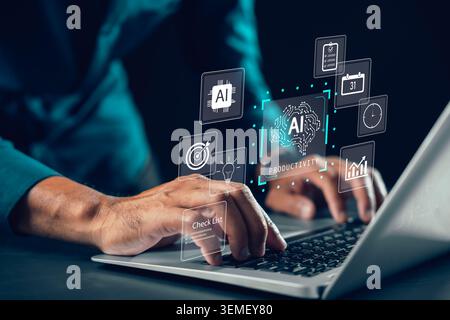 Professional uses ai productivity task management checklist system, digital innovation enhances business performance and efficiency using virtual inte Stock Photo