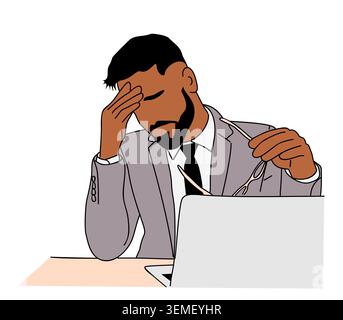 Business Man in suit shows stress at desk Stock Vector