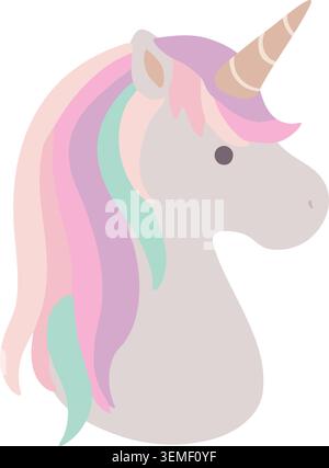 A dreamy unicorn head with a golden horn pastel rainbow mane and a soft expression Stock Vector