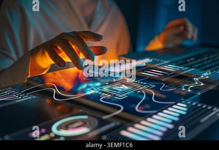 A visionary business professional interacts with a digital touch screen displaying vibrant data visualizations, artificial intelligence graphics, and Stock Photo