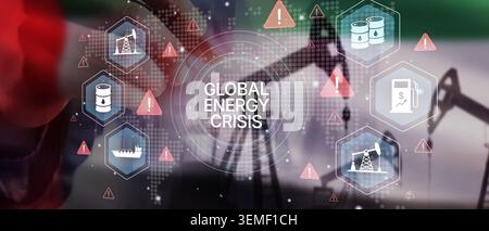 Conceptual image highlighting the global energy crisis featuring oil and gas industry icons and warning symbols with oil rigs and oil barrels Stock Photo