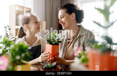 Joyful mother and daughter bonding over indoor gardening in a sunlit living room. Smiling faces and hands holding a potted plant capture the warmth an Stock Photo