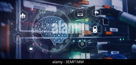 AI artificial intelligence system for cybersecurity risk management and enterprise data protection with digital lock and network icons Stock Photo