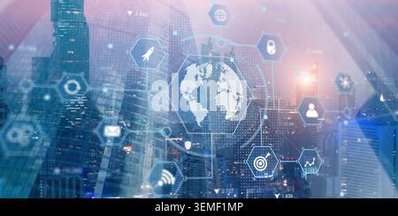 Global connectivity network concept for business communication and data exchange with digital city background Stock Photo