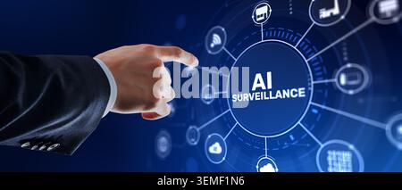 AI artificial intelligence surveillance system for security monitoring with human hand interaction Stock Photo