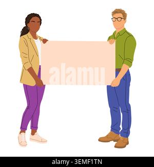 Two people hold a blank sign together. Stock Vector