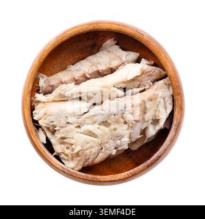 Mackerel fillets, skinless and boneless, in sunflower oil, in wooden bowl. Atlantic, Boston, Norwegian, or Scottish mackerel, Scomber scombrus. Stock Photo