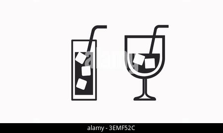 Black beverage glasses vector icon set: highball glass and round balloon cocktail glass with ice cubes and straws, minimalist flat symbol collection f Stock Vector
