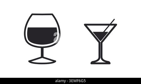 Black cocktail glasses vector icon set: round balloon glass and triangular martini glass, minimalist flat symbol collection for premium bar menus. Stock Vector