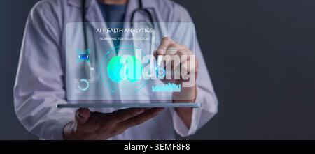 Doctor using digital tablet with AI Health Analytics interface scanning human brain. Futuristic medical technology concept for neurology diagnosis and Stock Photo