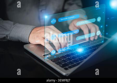 Man typing on laptop with virtual generative AI chatbot interface. Concept of using artificial intelligence for marketing planning, writing code, data Stock Photo