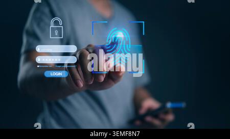 Man using smartphone with fingerprint scanner for biometric authentication. Cyber security concept with login interface and padlock icon. Digital iden Stock Photo