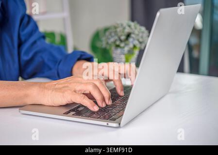 Close up senior woman hands typing on laptop keyboard. Elderly lady writing email, chatting on social media, or studying online course. Digital litera Stock Photo