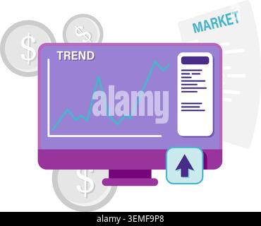 computer monitor showing line chart and financial analysis Stock Vector