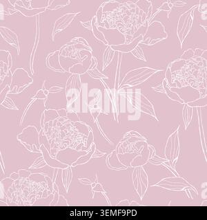 Seamless Pattern With White Peony Flowers, Buds And Leaves On Soft Pink Background. Minimalist Vector Illustration. Elegant Botanical Aesthetic Line A Stock Vector