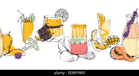 Citrus, mango and berry smoothie assortment with creamy milkshake details. Seamless decorative banner in hand drawn ink vector style. Vitamin bar Stock Vector