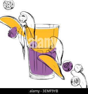 Layered purple and orange fruit smoothie . Mango tropical fruit, blueberry berry in tapered tumbler. Hand drawn ink vector. Vitamin drink visuals Stock Vector