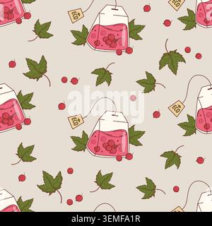 Red Currant Herbal Tea Seamless Pattern. Transparent Pyramid Natural Eco Drink Bags with Berries and Leaves on Light Gray Background. Vector Illustrat Stock Vector