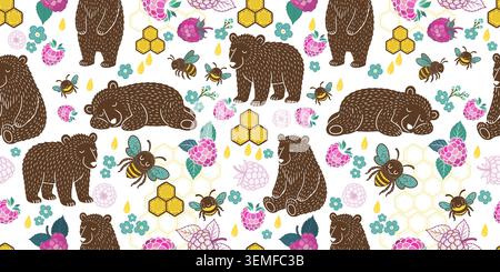Bear, honey, and raspberries seamless pattern. Hand drawn. Not AI, vector illustration. Stock Vector