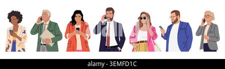 Set of Diverse business people use smartphones Stock Vector