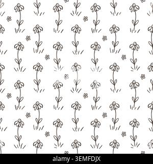 Cute floral Seamless pattern vector, with hand drawn daisy flower print. Wallpaper with botanical doodles simple floral sketch. Decorative textile print with chamomile design, wrapping paper. Stock Vector