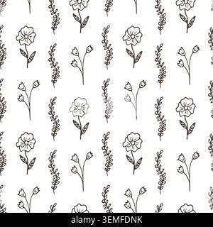 Seamless pattern with hand drawn flowers and leaves. Botanical sketch wallpaper with floral elements. Simple ink illustration for fabric print, stationery, textile art and background design. Stock Vector