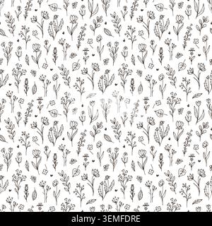 Seamless Flowers doodle pattern with botanical motifs and small plant elements. Decorative plant hand-drawn print for fabric, wallpaper, tea packaging, kraft paper, natural herbal cosmetics. Stock Vector