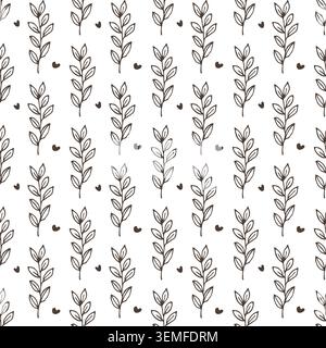 Seamless pattern with hand drawn leaves and hearts. Botanical sketch wallpaper with floral doodle branch. Simple rustic background design for textile, wrapping paper and web decoration. Stock Vector