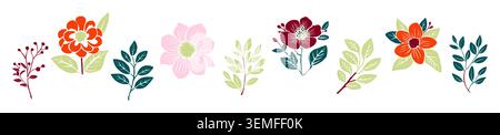Bright floral set with colorful blooms and leaves Stock Vector