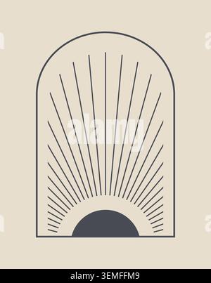 Bohemian linear sun logo, icon and symbol, minimalist arc and window design template Stock Vector