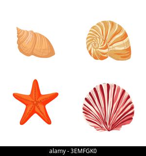spiral shell, nautilus, bright orange starfish and fan‑shaped shell. A set of ocean marine life, isolated on a background. Flat vector illustration in Stock Vector