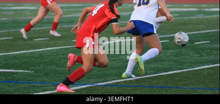 Two players are running towards a soccer ball on the green field during a game. Stock Photo