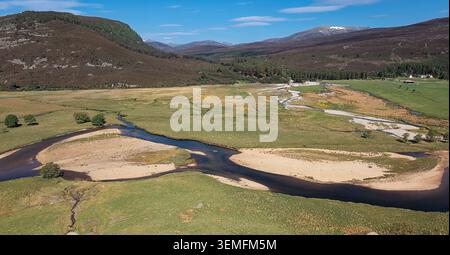 Braemar Scotland view over the River Dee towards Allanaquoich and Cairngorm Mountains in Spring Stock Photo