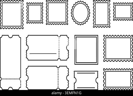 Retro mail stamp and blank ticket stub line art vector illustration set Stock Vector