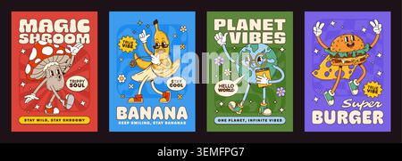 Funny groovy hippie characters vector posters. Cartoon retro trippy mushroom and funky banana fruit with hippie peace symbol. Cute groovy Earth planet in glasses and flying superhero burger characters Stock Vector
