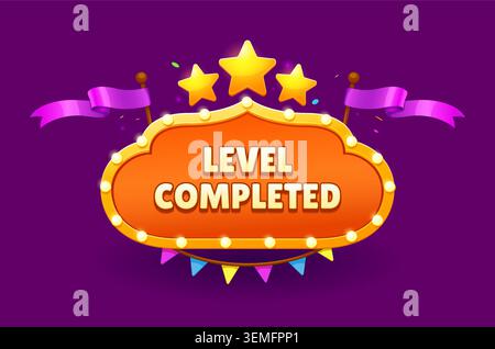 Game interface level completed icon. Vector ui badge displaying message, glowing lights, stars and festive ribbons, conveying achievement and success for mobile games, reward screens, user interface Stock Vector