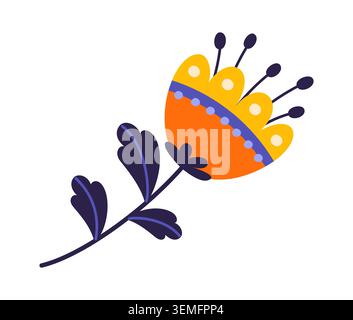 Scandinavian folk autumn flower naive drawing. Scandinavian summer bud decoration, Slavic folklore spring plant vector embroidery. Norwegian folk floral naive drawing with orange bud and blue leaves Stock Vector