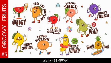 Y2K groovy funky ripe tropical fruit stickers and patches with funky characters, cartoon vector. Y2K groovy banana with trippy pineapple on surfboard, summer apple and funny mango with sunglasses Stock Vector