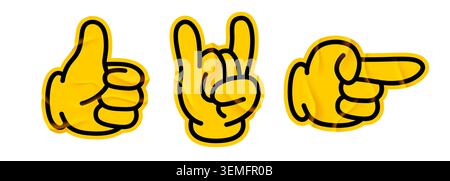 Cartoon hand gestures sticker set. Fun yellow glove icons for web design and social media. Vector illustration. Stock Vector
