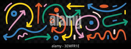 Set of colorful hand-drawn arrows and doodle shapes for design projects and creative layout. Vector illustration Stock Vector