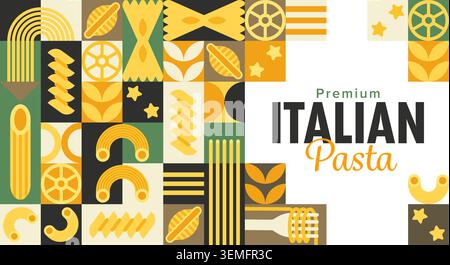 Italian pasta and noodles banner with modern geometric pattern. Vector vintage motifs with Italian pasta and noodle shapes conveying culinary of Italy, Mediterranean food heritage or artisanal cooking Stock Vector